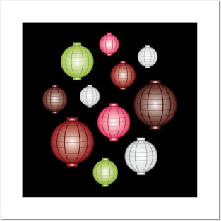 Lanterns | Mid Autumn Festival | Maroon Pink Green | Black Posters and Art